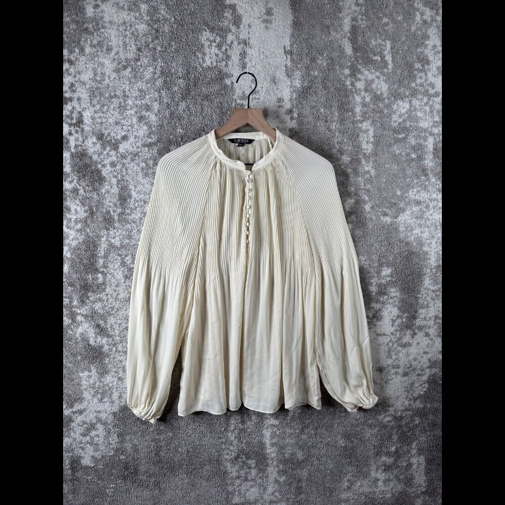 Lauren Ralph Lauren Shirt XXL White Ivory Black Label Pleated Henley Blouse 2XL